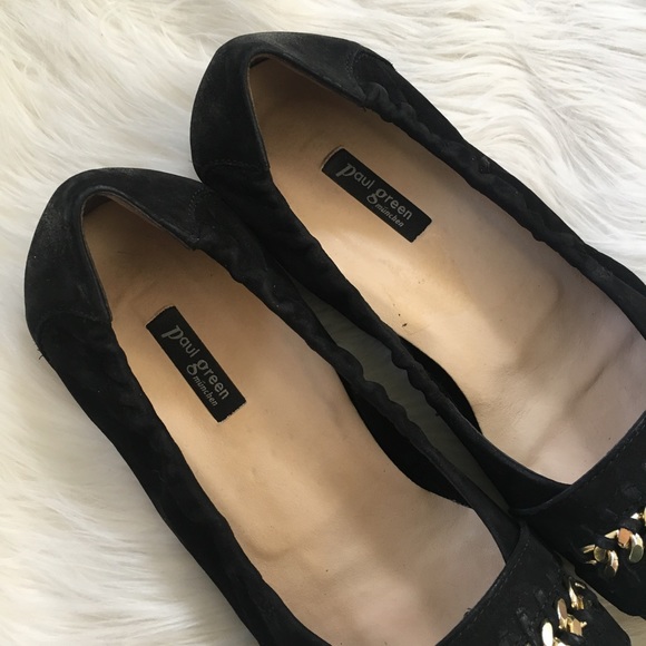 Paul Green Gold Chain Black Suede Flats Shoes - Picture 5 of 6
